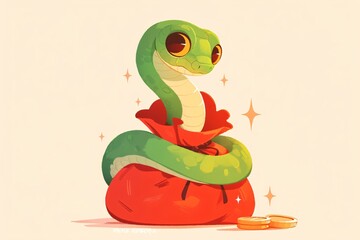 Fototapeta premium Green snake with gold coin and money bag isolated on light background. Wealth, prosperity concept. Symbol Chinese New Year. Finance and business. Cartoon illustration for design greeting card, banner