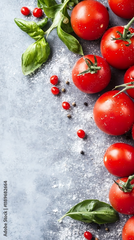 Poster fresh red tomatoes with basil leaves and flour on granite tabletop : generative ai