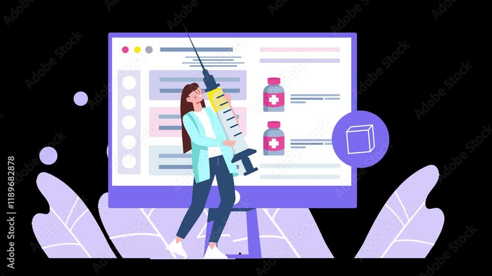 Poster a woman in a lab coat holds a large syringe in front of a computer screen displaying health informat
