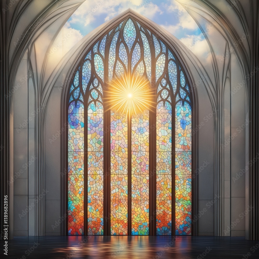 Poster beautiful stained glass window in church. sunlight streams through vibrant colorful design. ornate g