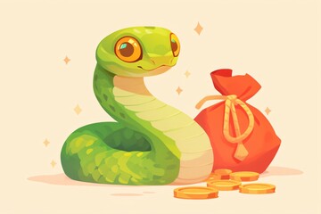 Fototapeta premium Green snake with gold coin and money bag isolated on light background. Wealth, prosperity concept. Symbol Chinese New Year. Finance and business. Cartoon illustration for design greeting card, banner