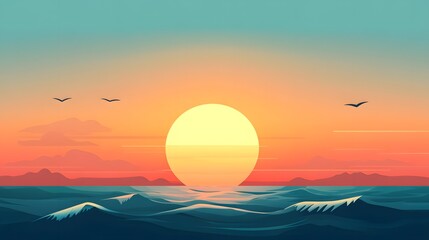 Fototapeta premium Ocean sunset landscape, waves, birds flying, mountains. Website banner