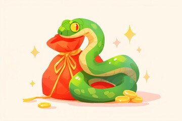 Fototapeta premium Green snake with gold coin and money bag isolated on light background. Wealth, prosperity concept. Symbol Chinese New Year. Finance and business. Cartoon illustration for design greeting card, banner