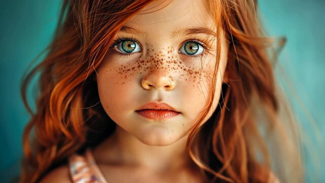 A young girl with vibrant red hair and cute freckles embodies the essence of natural beauty against a simple backdrop.