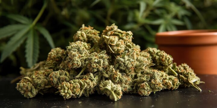 Pile of cannabis buds sits on dark table. Green leafy ganja. Potted plant in background. Cannabis product. Legal illegal substance. Drug culture. Potential for pain relief. Medical use. Possible
