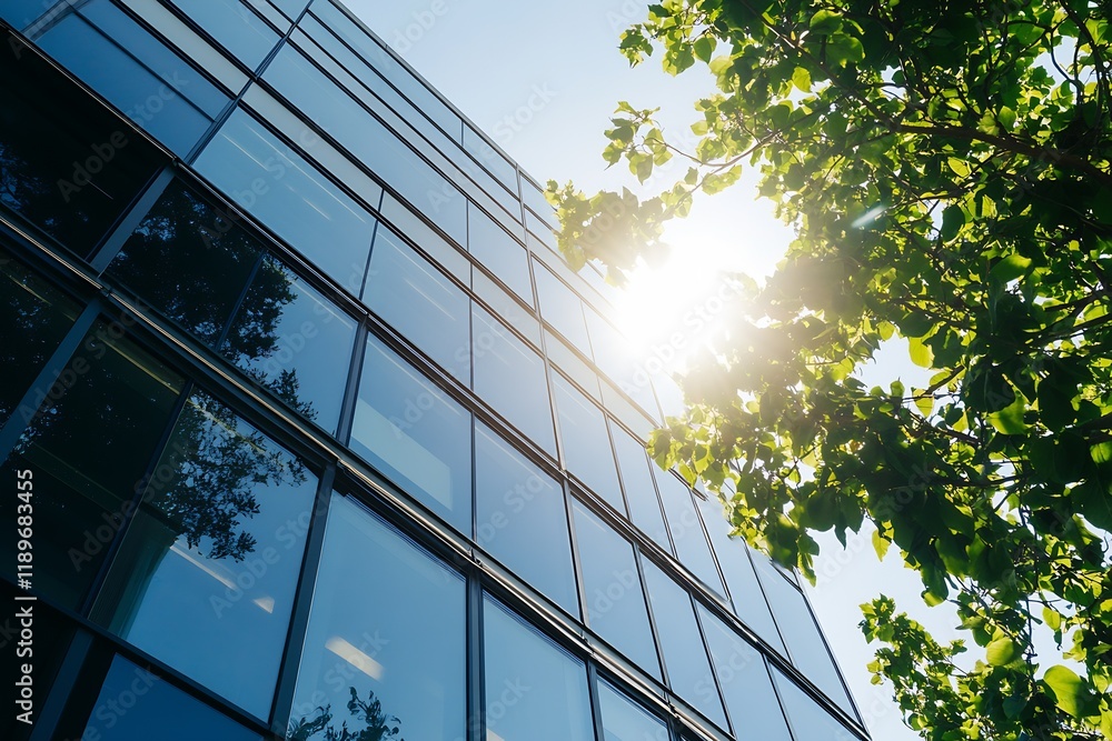Poster Modern Glass Office Building with Sunlight and Leafy Green Trees in Urban Setting : Generative AI