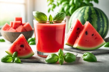 Watermelon juice with fresh basil leaves