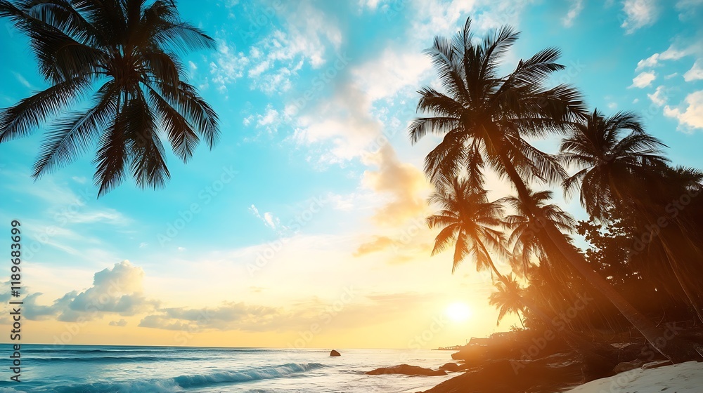 Poster tropical beach sunset with palm trees and ocean waves on a summer evening : generative ai