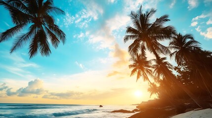 Tropical Beach Sunset with Palm Trees and Ocean Waves on a Summer Evening : Generative AI