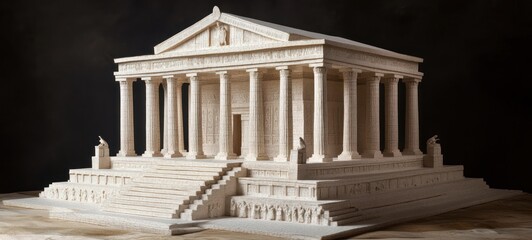 Obraz premium Architectural model of an ancient Greek temple, showcasing intricate details, columns, and a grand staircase.