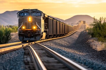 Cargo Train on Railway Track in Scenic Mountain Desert at Golden Hour : Generative AI