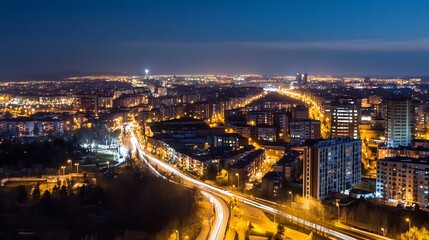 Nighttime Urban Cityscape with Illuminated Streets and Buildings View : Generative AI