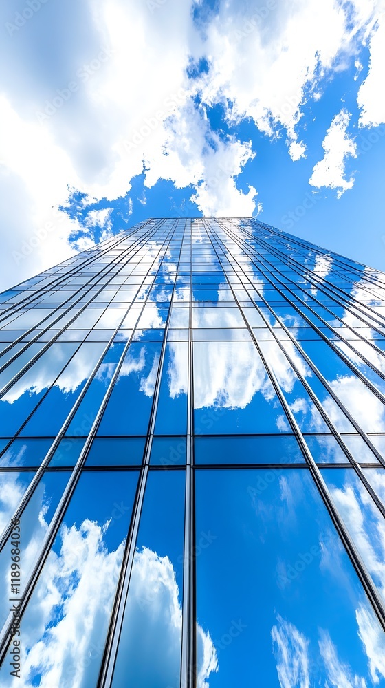 Aufkleber tall glass building reflecting blue sky and fluffy white clouds in modern urban setting : generative