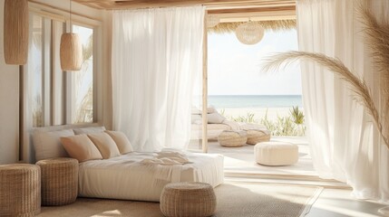 Fototapeta premium Beachfront bedroom with beige decor, sheer curtains, and ocean view.