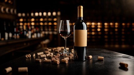 Bottle and glass of red wine with scattered corks in cellar