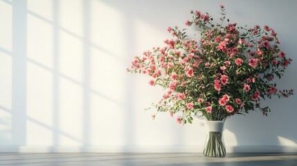 Fototapeta premium Sunlit pink flowers in vase against minimalist white wall