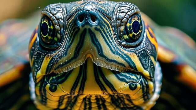 Close-up of a turtle with its head turned toward the camera, a curious and endearing reptile, Ai Generated.
