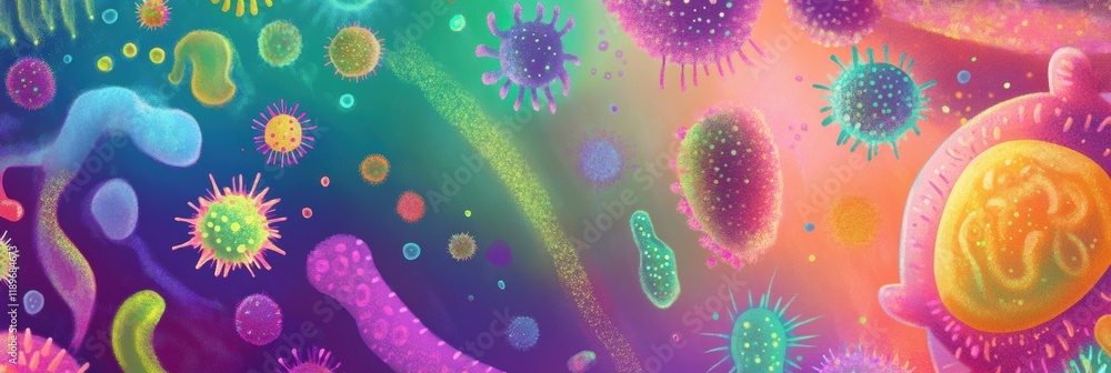 Poster Illustration of diverse microscopic microbes showcasing unique shapes and textures in vivid colors. Generative AI