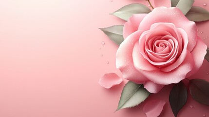 Fototapeta premium Elegant pink rose with dew on leaves and petals in soft gradient background