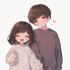 A cute chibi couple smiling and holding hands. 