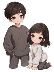 A cute chibi couple smiling and holding hands. 