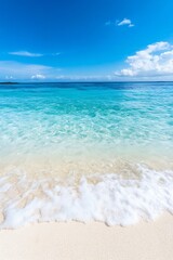 Tropical Beach Paradise with Pristine Blue Water and Scattered White Sand Under Bright Sunny Sky : Generative AI