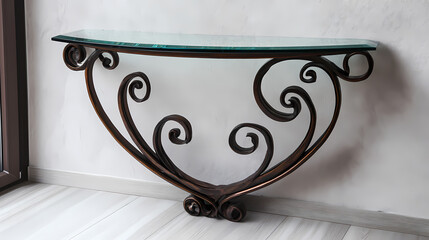Wrought iron console table with glass top. Fireglint. Illustration