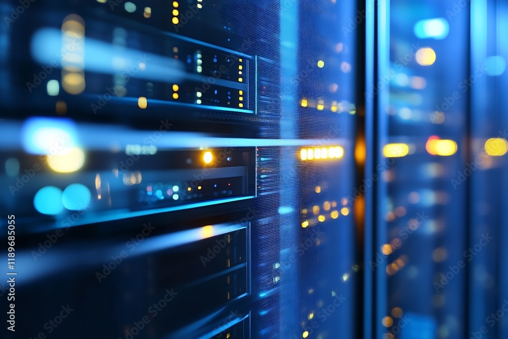 Poster modern server room with blue lighting and rack servers for data storage and technology solutions : g