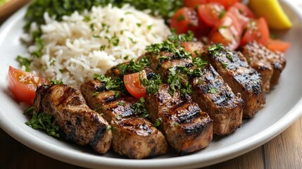 Grilled lamb chops with rice and vegetables garnished with herbs