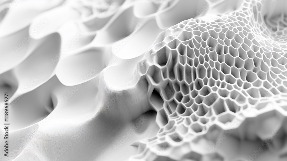 Poster abstract white 3d rendered texture with porous, honeycomb-like structure.