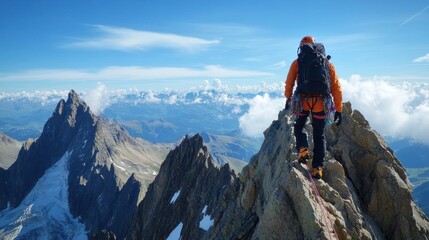 Climber ascends a narrow mountain ridge, overlooking a vast, scenic mountain range under a clear blue sky.