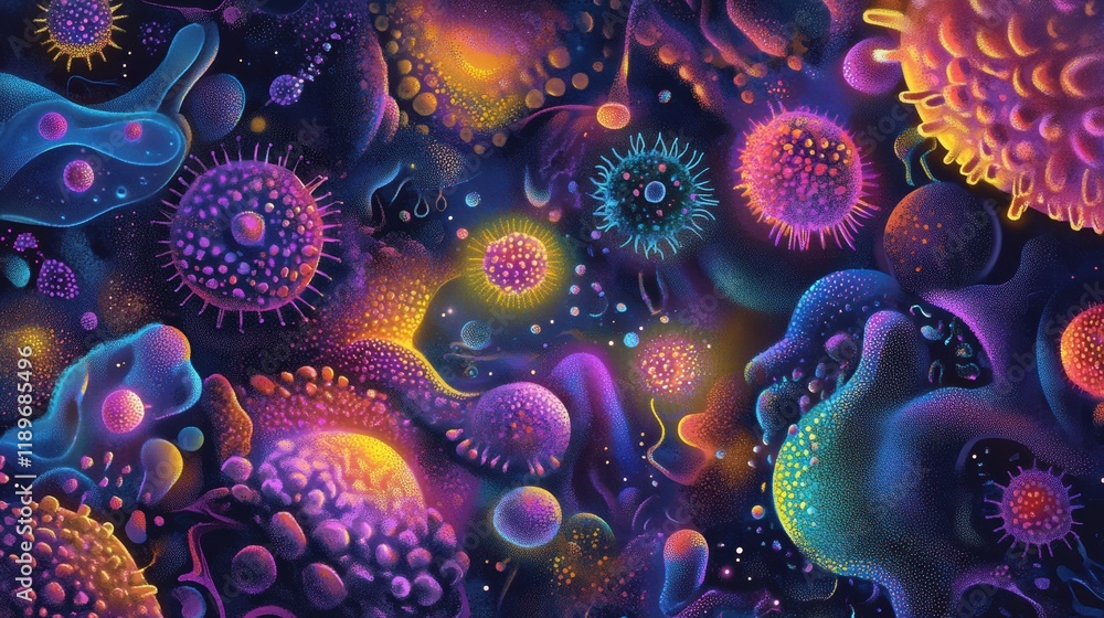 Leinwandbilder illustration of colorful microscopic microbes showcasing diverse shapes and textures in a vibrant en