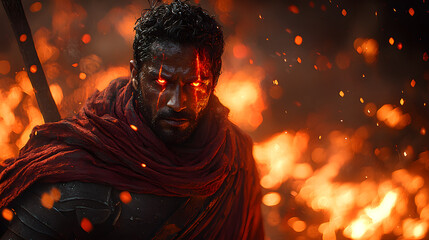 Fierce warrior amidst fiery inferno.
