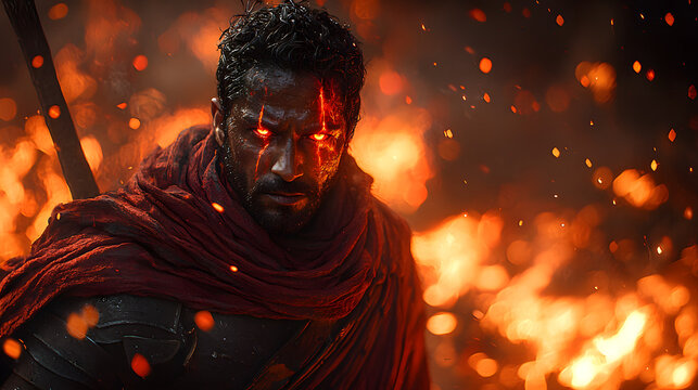 Fierce warrior amidst fiery inferno.