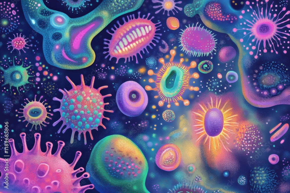 Poster illustration showcasing vibrant and diverse microscopic microbes displaying various shapes and textu