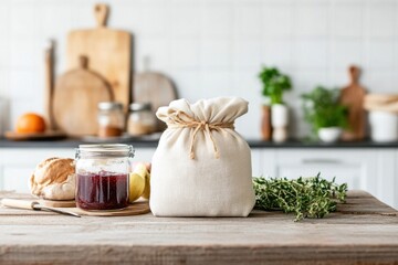 Reusable cloth wrap in furoshiki style surrounding homemade jam on rustic kitchen table
