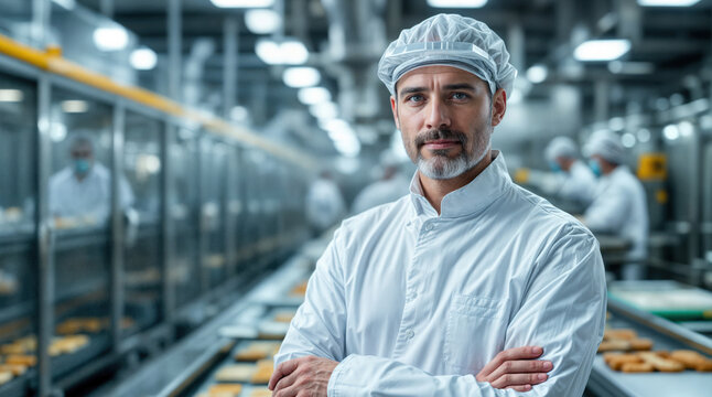 Portrait Produktionsleiter in moderner Brot- und Backwarenfabrik: Qualit&auml;t und Effizienz in der Lebensmittelproduktion 