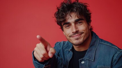 Young adult male smiling and pointing at camera against red background