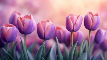 Fototapeta premium Vibrant purple and pink tulips blooming in a sunlit garden