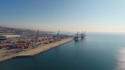 Naklejka premium Aerial View of a Bustling Container Port on a Sunny Day