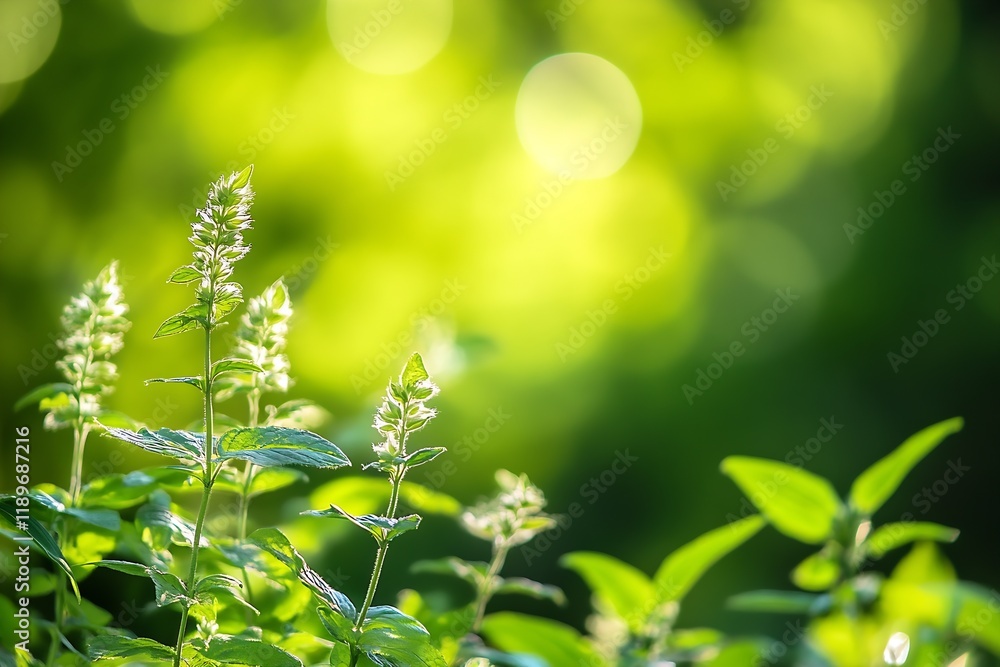 Poster lush greenery in springtime with sunlit leaves and natural backdrop : generative ai