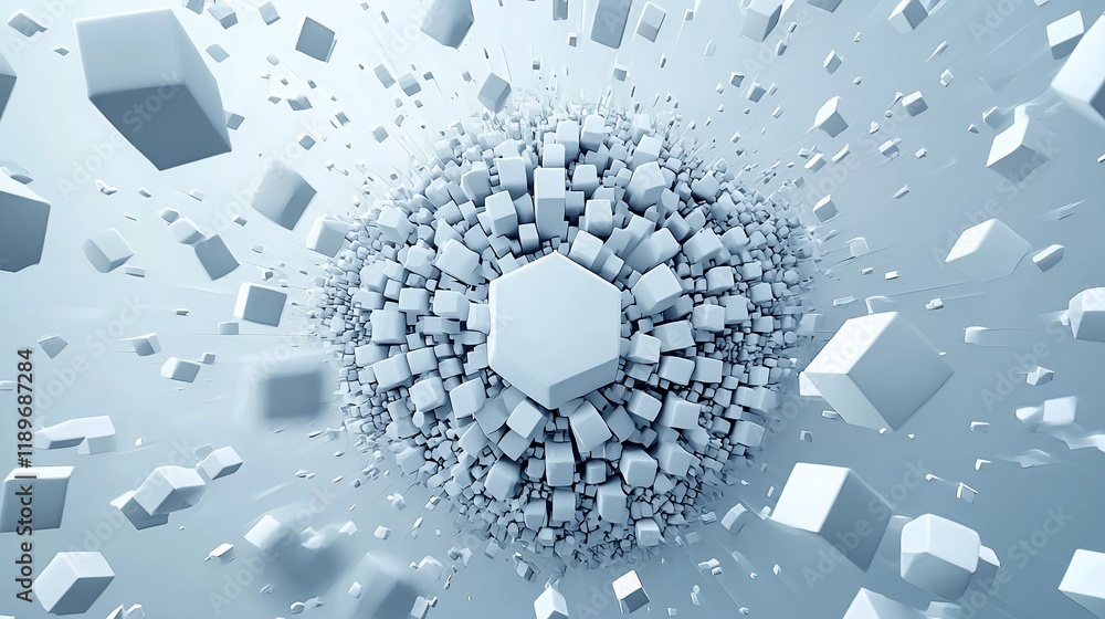 Poster Abstract 3D rendering of exploding geometric shapes.