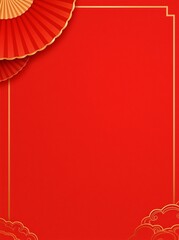 Frame with golden fans on red background. Traditional asian design for Chinese New Year, Mid-Autumn Festival, National Day, Qixi. Template with copy space for greeting card, banner, poster, invitation