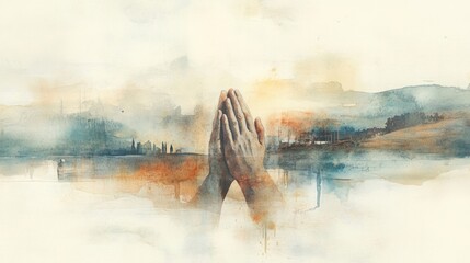 Watercolor of hands in prayer toward the sky, with light beams in the background on a hilltop.