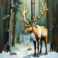 Reindeer . Oil painting. Logo design for use in graphics. Print on a T-shirt, design for printing on wall decorations.