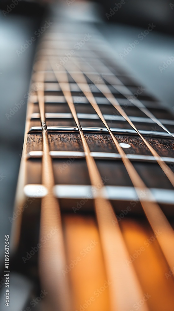 Poster close up on guitar strings and fretboard with stunning depth and musical intrigue : generative ai