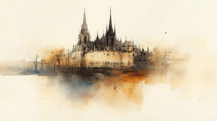 Fototapeta premium Dramatic watercolor of a cathedral with ornate facades and scenic background. 