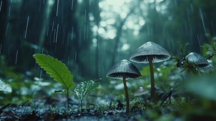 Fototapeta premium Enchanted Forest: Mushrooms Under Rain