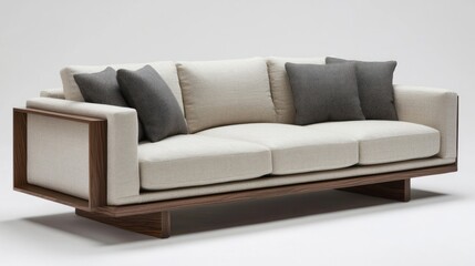 Modern Walnut Sofa with Beige Upholstery and Gray Pillows: Minimalist Design for Contemporary Living Rooms