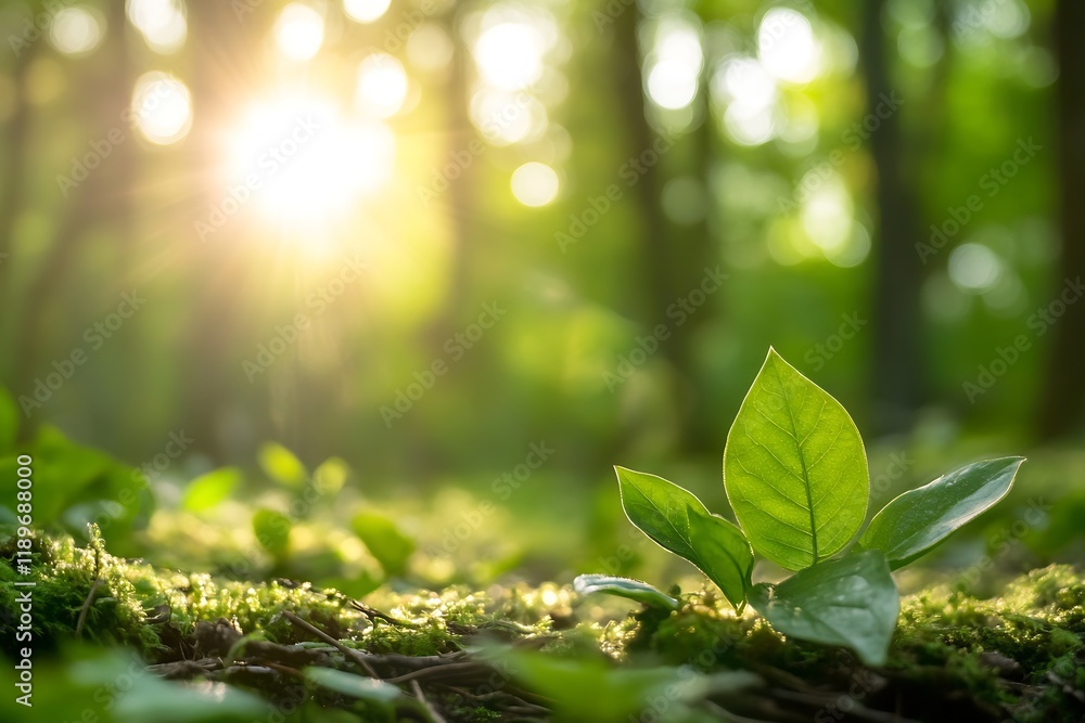 Poster sunlight peeking through green forest leaves in a serene nature scene : generative ai